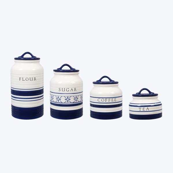 Blue & White Canister Set with Stamped Lettering