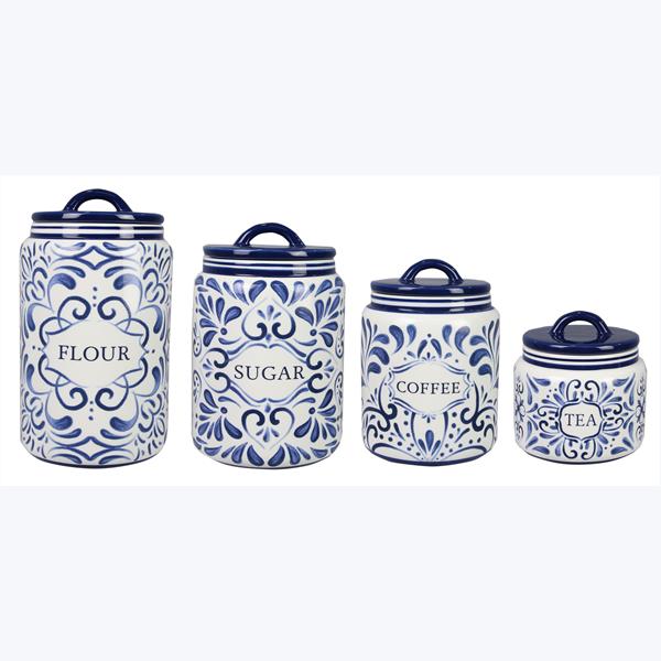 Ceramic Blue & White Talavera Canister Set - (4) pieces with silicone seal